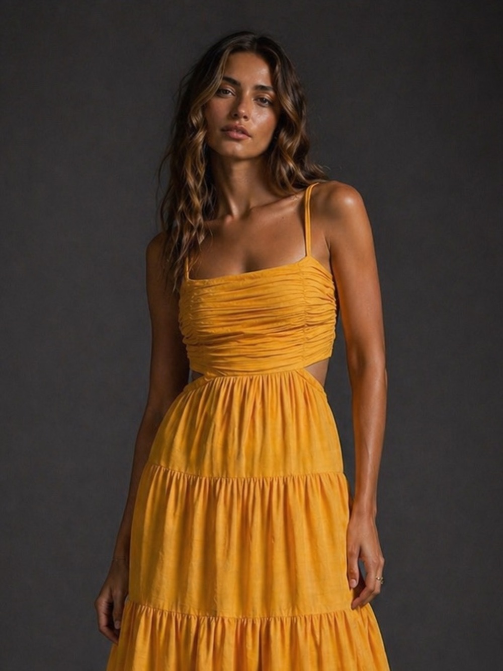 Function & Fringe Edit | Mustard Tiered Maxi Dress with Ruched Bodice - Picture 6 of 8